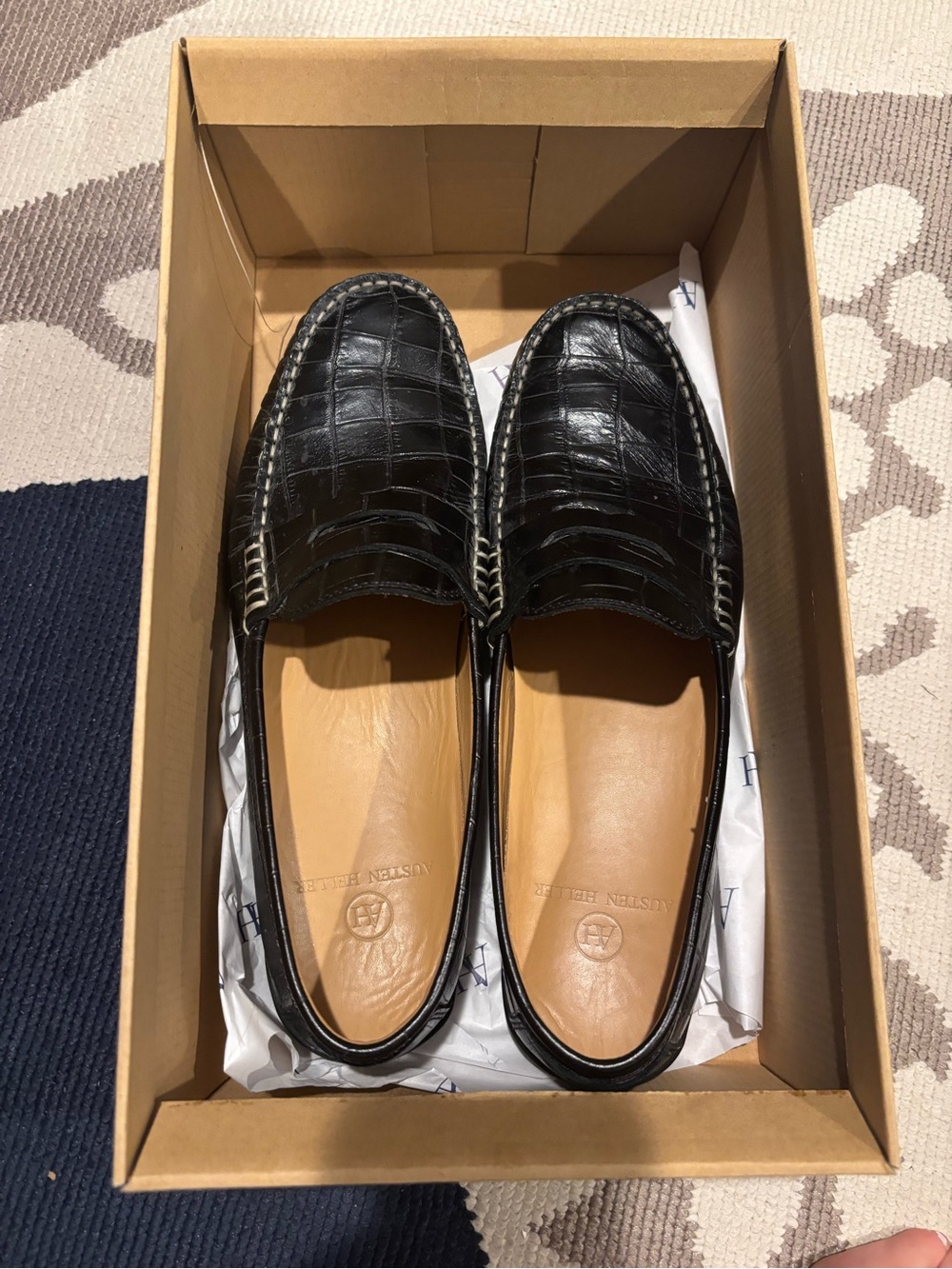 Austen Heller Black Croc-Embossed Leather Penny Loafers